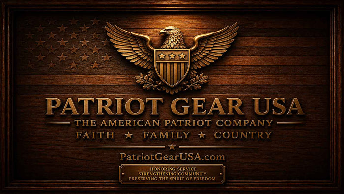 A wood wall display featuring an eagle emblem above the text 'PATRIOT GEAR USA' and 'THE AMERICAN PATRIOT COMPANY,' with 'FAITH, FAMILY, COUNTRY' below and 'PatriotGearUSA.com' at the bottom.