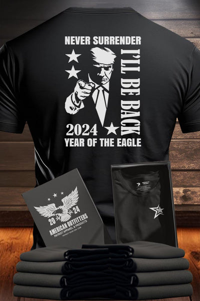 Trump MAGA Black Shirt "Year of the Eagle 2024". MAGA Make America Great Again. Soft feel Midweight 5.3oz 100% Ring Spun Cotton Tee Shirt. Patriot Gear USA. American Outfitters