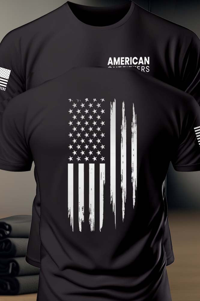 Patriot Apparel American Outfitters Old Glory American Flag Print Tee Shirt. Soft feel Midweight 5.3oz 100% Ring Spun Cotton Black Tee Shirt. American Outfitters Patriot Gear USA. 