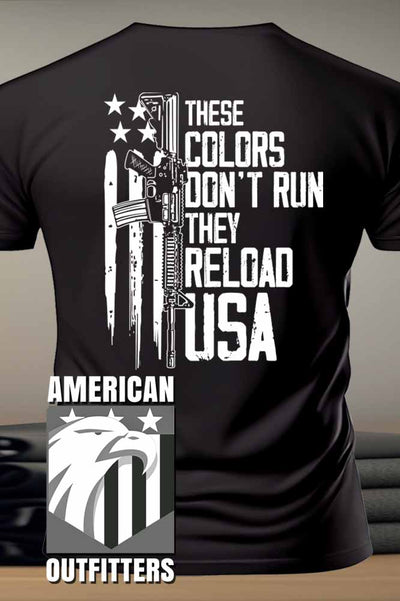 These Colors Don't Run Soft feel Midweight 5.3oz 100% Ring Spun Cotton Black Tee Shirt. American Outfitters Patriot Apparel. Patriot Gear USA
