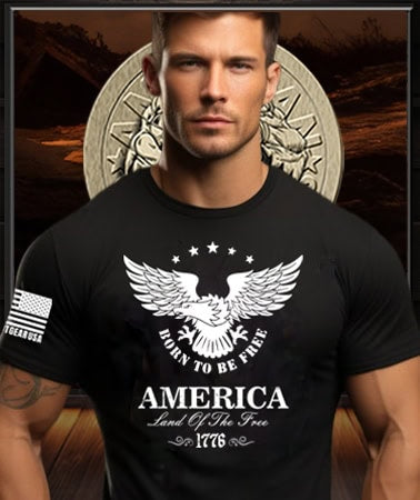 Patriot Gear USA Apparel Company advertisement of an American Patriot Man wearing a shirt with text "America Land of the Free" graphic design image in front of the American Outfitters Patriot Apparel Company logo.