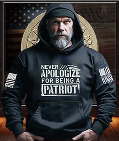 American Patriot Man wearing a Patriot Gear USA Apparel Company hoodie with '"Never Apologize for being a Patriot' text in front of an American flag and the American Outfitters logo.