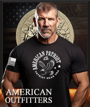 American Patriot Man wearing a black Patriot Gear USA  t-shirt with 'American Patriot Company' text in front of an American flag and American Outfitters Patriot Apparel logo.