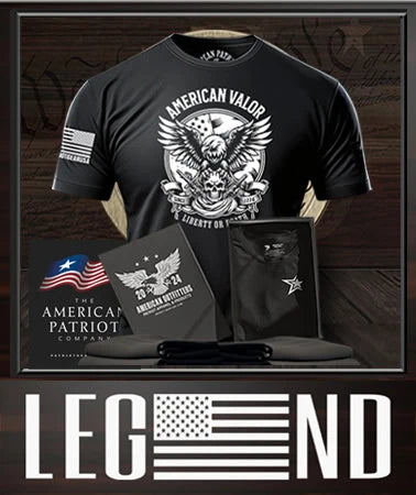 Patriot Gear USA Black t-shirt with a First Respnder 'American Valor' design on a "We the People"wooden background, featuring the American Patriot Company branding.