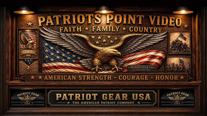 A 'Patriot Gear USA' patriotic wooden wall display with a large eagle and American flag motif, the text 'PATRIOTS POINT VIDEO' at the top, and smaller panels reading 'FAITH * FAMILY * COUNTRY' and 'AMERICAN STRENGTH - COURAGE - HONOR'.