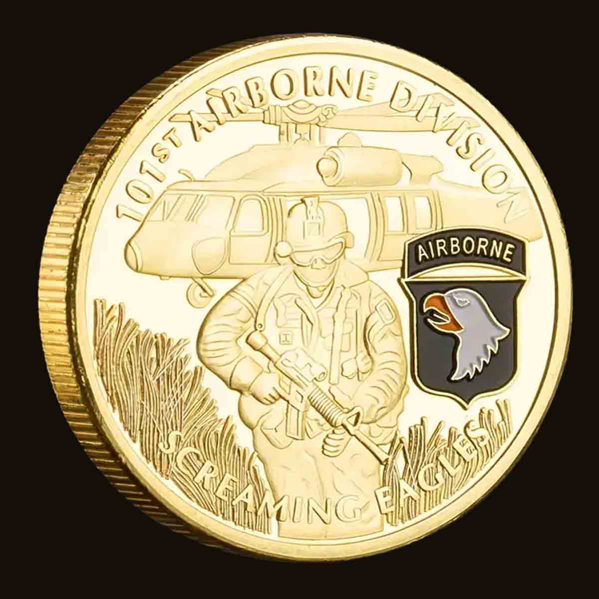 101st Airborne Division "Screaming Eagles" Challenge Coin. High-quality Golden plating for a stunning shine and durability. Intricate design featuring the 101st Airborne Screaming Eagles. Comes in a protective plastic case to preserve its beauty and value. Patriot Gear USA