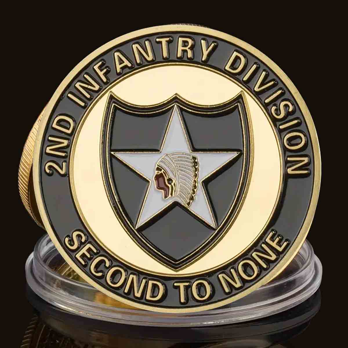 2nd Infantry Division "Second to None" Challenge Coin. High-quality Golden plating for a stunning shine and durability. Intricate design featuring the 2ID Motto. Comes in a protective plastic case to preserve its beauty and value. Patriot Gear USA American Outfitters