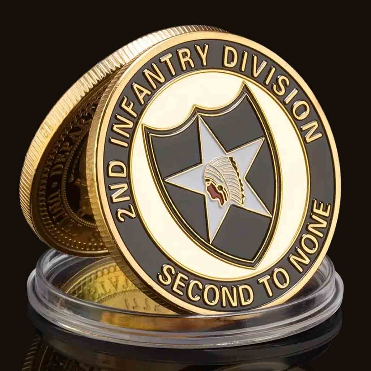2nd Infantry Division "Second to None" Challenge Coin. High-quality Golden plating for a stunning shine and durability. Intricate design featuring the 2ID Motto. Comes in a protective plastic case to preserve its beauty and value. Patriot Gear USA American Outfitters