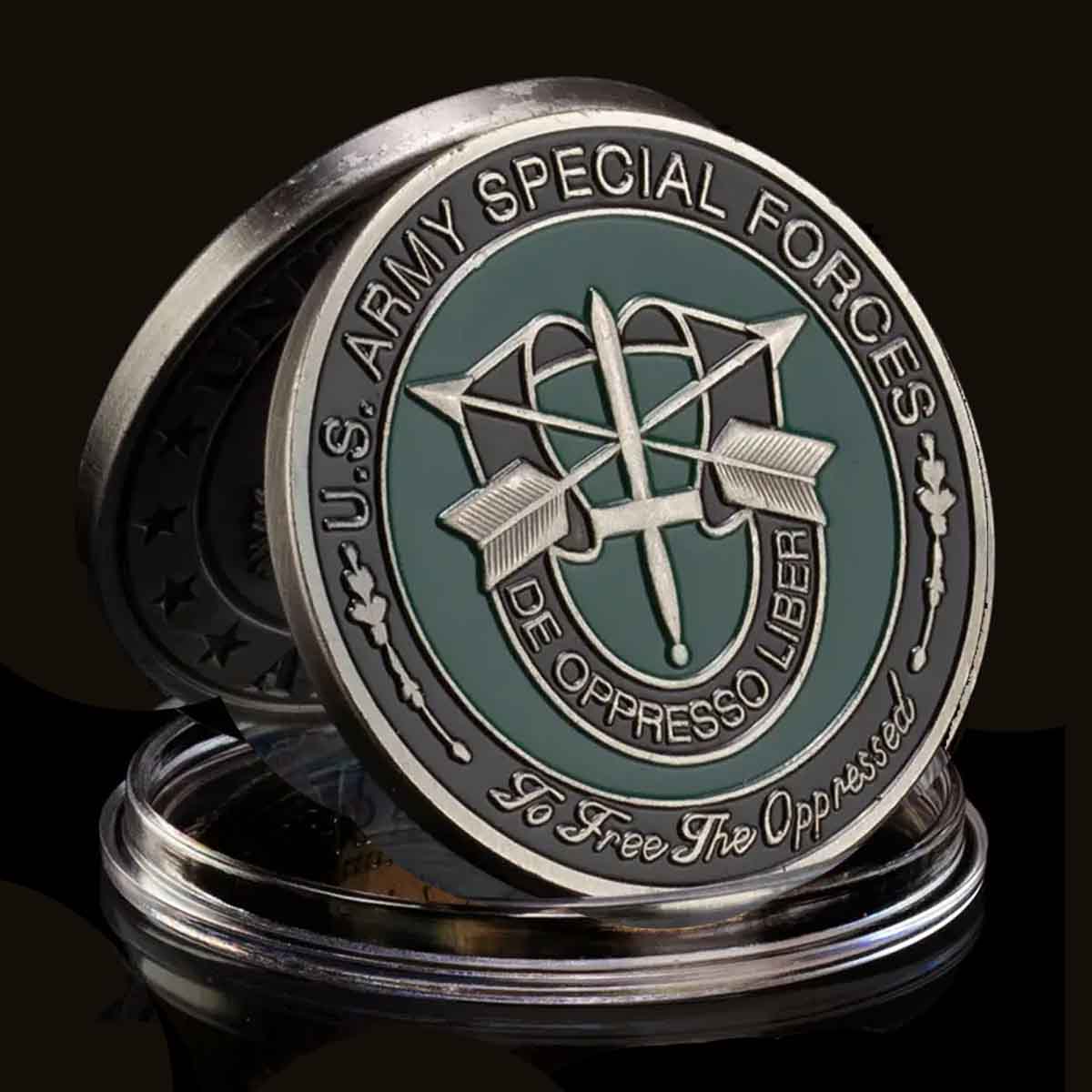 Army Special Forces Golden Plated Commemorative Coin. High-quality golden plating for a stunning shine and durability. Featuring a powerful message of freedom and honor. Perfect as a gift for Special Forces active duty and veterans.Comes in a protective plastic case to preserve its beauty and value. Patriot Gear USA