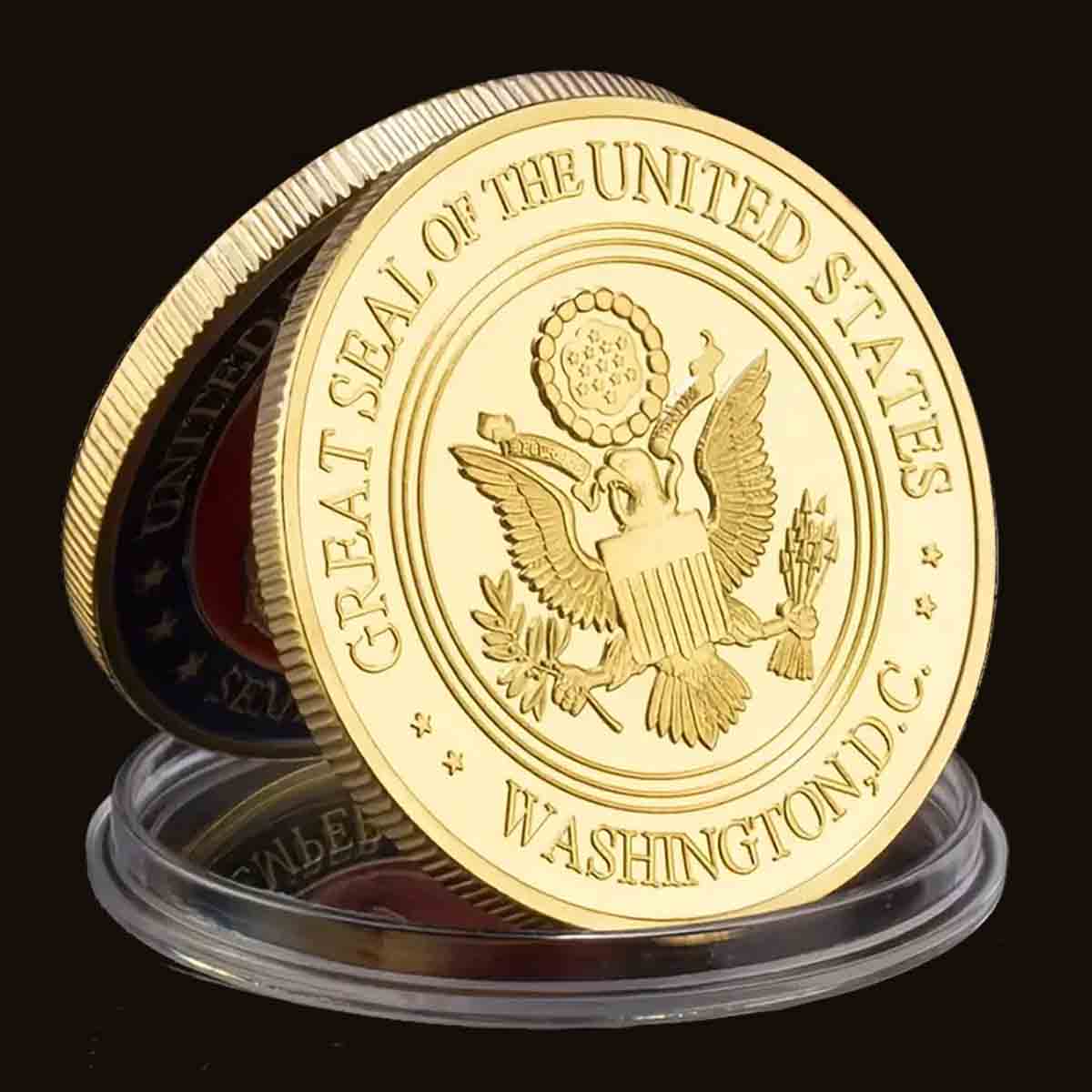 USA Marine Corps Semper Fidelis Commemorative Coin. High-quality Color plating for a stunning shine and durability. Perfect as a gift for Marine Corps active duty and veterans. Comes in a protective plastic case to preserve its beauty and value. Patriot Gear USA