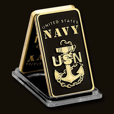 United States Navy Challenge Coin. High-quality Golden plating for a stunning shine and durability. Intricate desig with beautiful detailing. Comes in a protective plastic case to preserve its beauty and value. Patriot Gear USA American Outfitters
