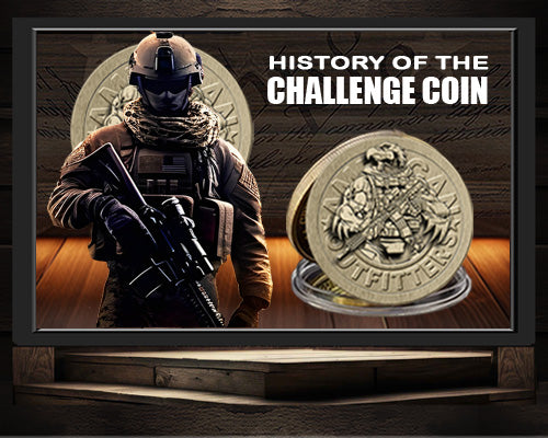 Display case with Patriot Gear USA Apparel Company military-themed Challenge coins and text about the history of challenge coins.