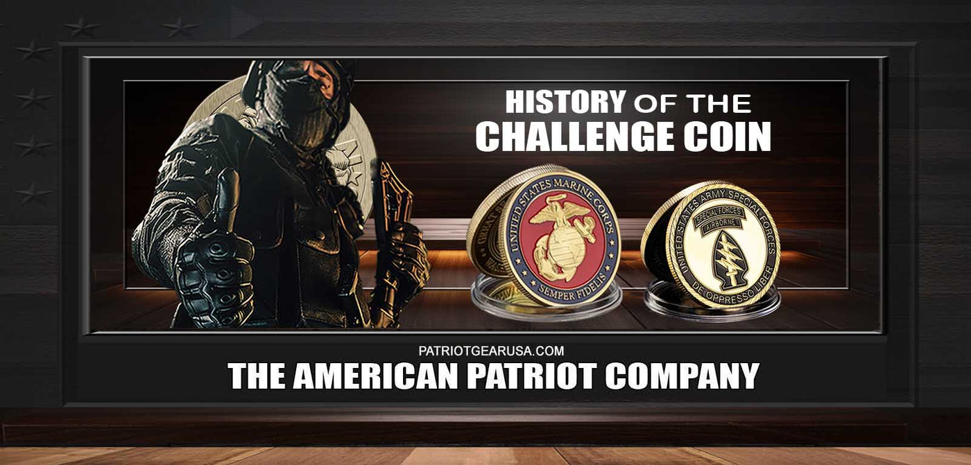 Patriot Gear USA Advertisement for The American Patriot Apparel Company featuring challenge coins and a soldier holding a flag.