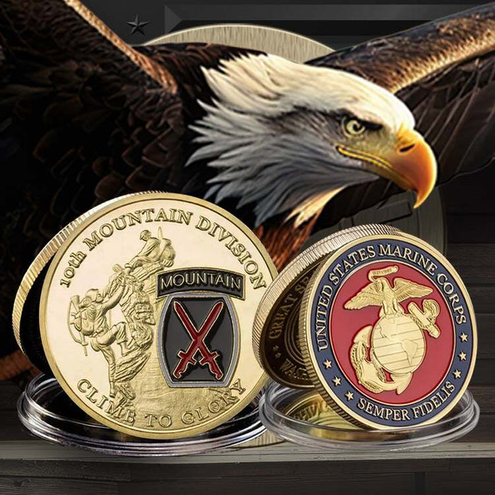 Challenge coin collection includes coins specially designed for military personnel, law enforcement officers, and first responders