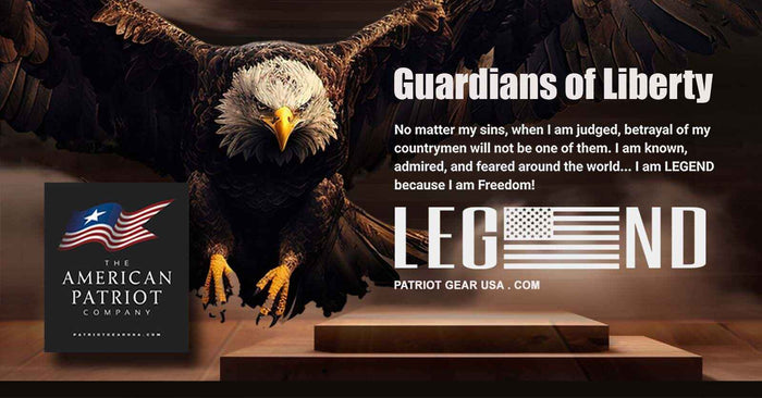 Patriots Point Blog Post featurig a Patriot Gear USA Apparel Eagle with text 'Guardian of Liberty' and 'LEGEND' on a dark background with American flag  and the American Outfitters Patriot Apparel Company logo.