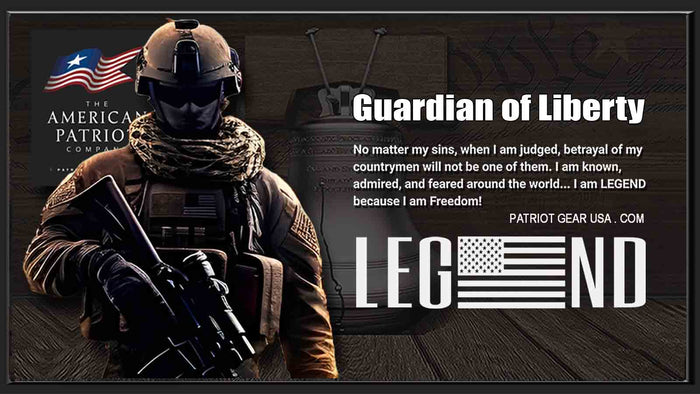 Soldier in tactical gear with text 'Guardian of Liberty' and 'Patriot Gear USA' on a dark background.
