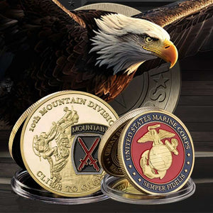 Challenge coin collection. Patriot Gear USA. Military personnel, law enforcement officers, and first responders.