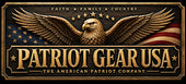 Patriot Gear USA logo graphic featuring a golden eagle with spread wings over an American flag background, with the text 'FAITH • FAMILY • COUNTRY' and 'PATRIOT GEAR USA' in large lettering.