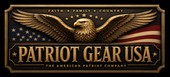 Patriot Gear USA logo featuring an eagle crest with an American flag and the text 'PATRIOT GEAR USA' and 'THE AMERICAN PATRIOT COMPANY' on a dark background.