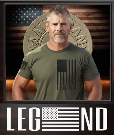 Patriot gear USA Apparel Logo showcased in background of an American Patriot Man proudly wearing a shirt emblazoned with the text Legend, emphasizing the spirit of American patriotism and pride since 1776.