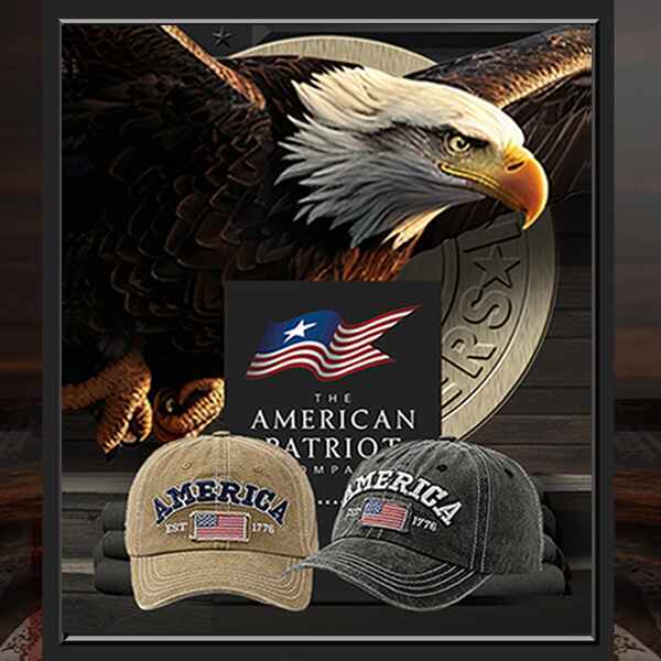 Eagle with American flag and 'The American Patriot' hats on a wooden background. Patriot Gear USA