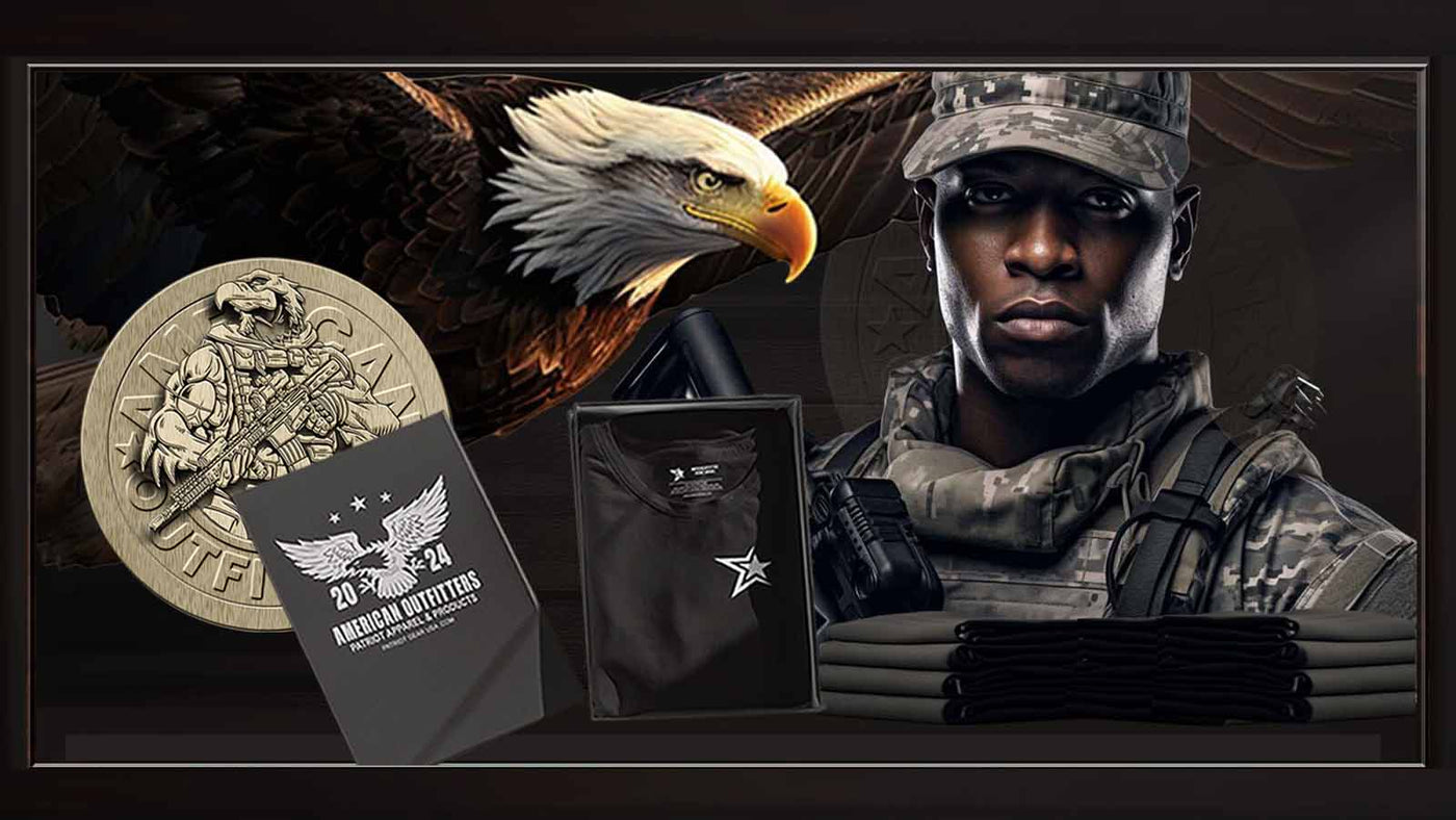 Patriot Gear USA soldier in military gear and tactical equipment and a American Outfitters Patriot Gear USA  logo in the background  for advertisement of Patriots Point Blog Video Page. 