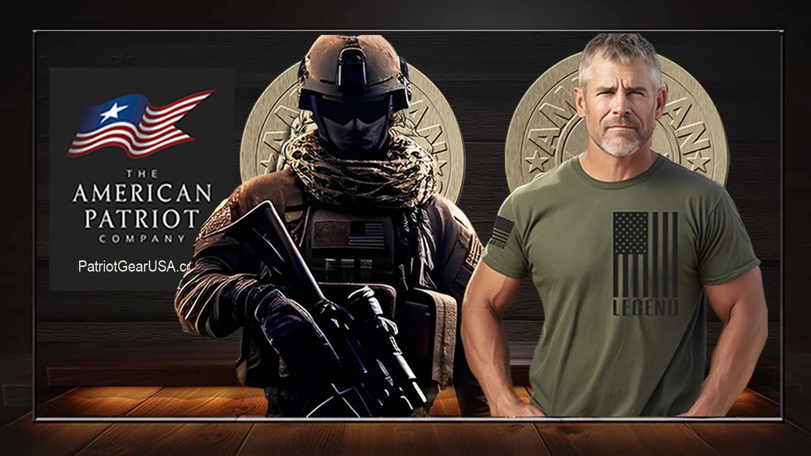 Patriot Gear USA Warrior in tactical gear and an American Patriot man in a Green Legend t-shirt with an American flag design, standing in front of 'The American Patriot Company' logo.