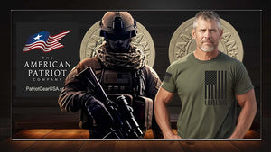 Patriot Gear USA Warrior in tactical gear and an American Patriot man in a Green Legend t-shirt with an American flag design, standing in front of 'The American Patriot Company' logo.