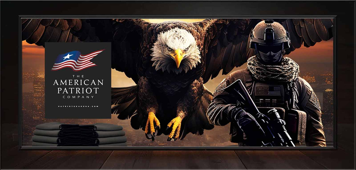 Patriot Gear USA Video Blog Page advertisment image showing an American soldier with American Patriot Company logo and an Eagle in background.