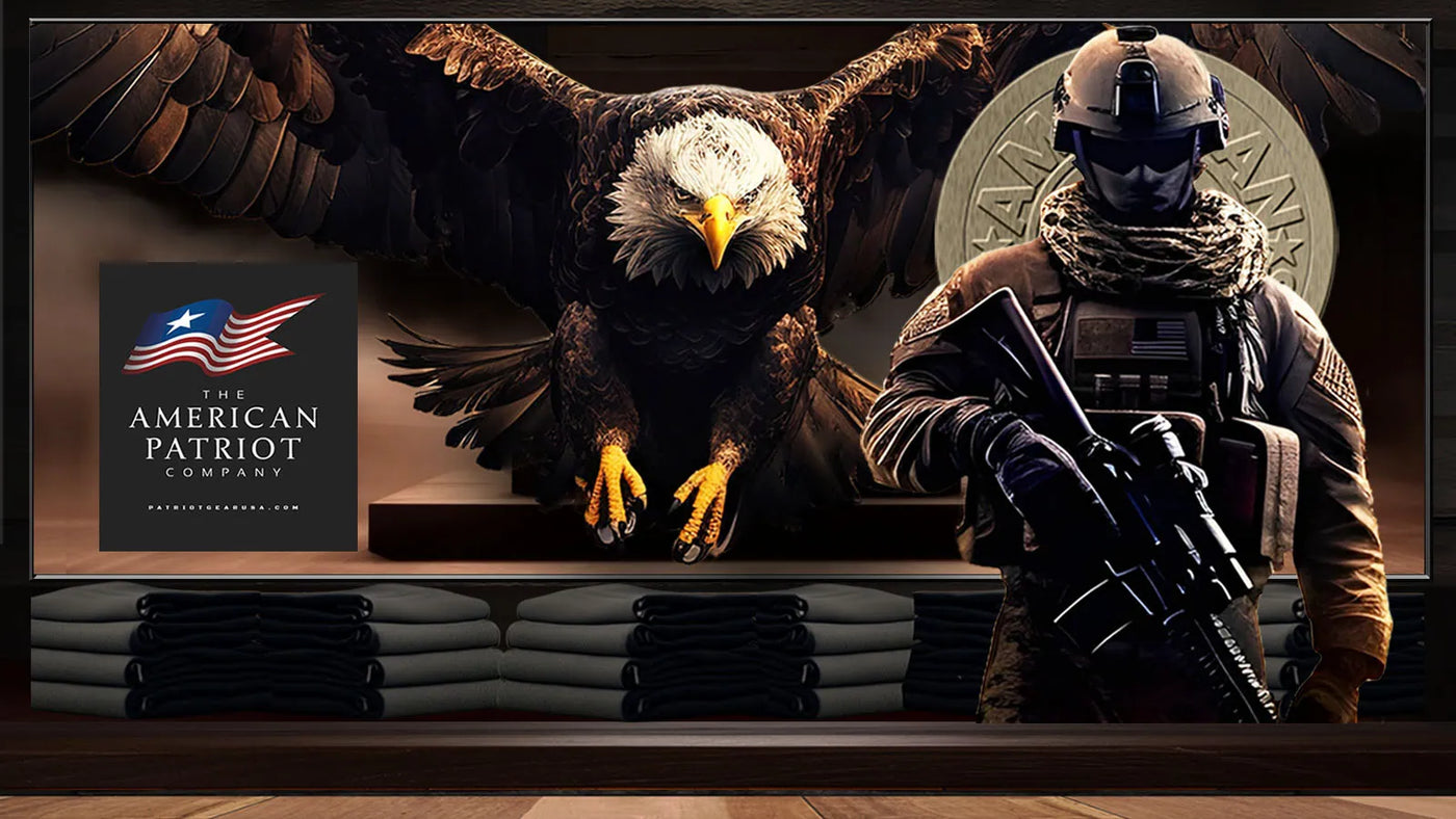 Patriot Gear USA Video Blog Page advertisment image showing an American soldier with American Patriot Company logo and an Eagle in background.