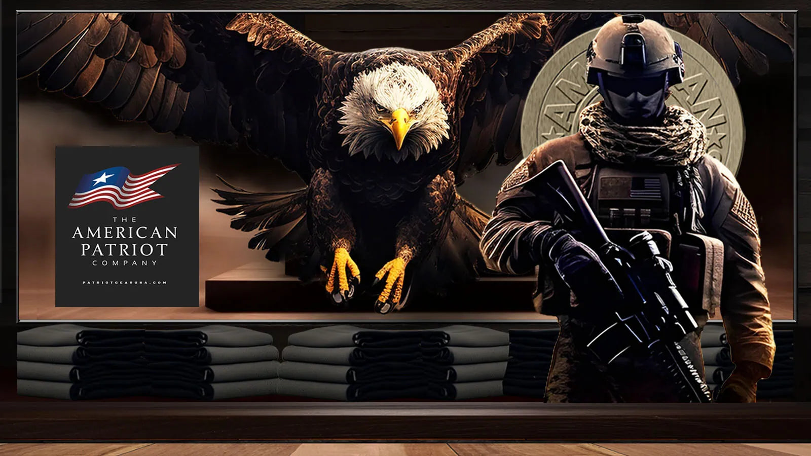 Patriot Gear USA Video Blog Page advertisment image showing an American soldier with American Patriot Company logo and an Eagle in background.