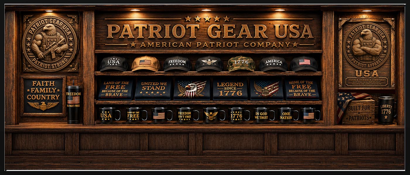 A patriotic-themed retail display or poster featuring the text 'PATRIOT GEAR USA' and 'American Patriot Company,' with multiple caps, mugs, and small merchandise items arranged on wooden shelves. The design uses warm brown wood tones and gold lettering, with decorative emblem panels on both sides.
