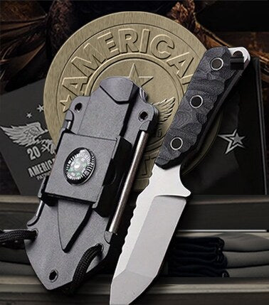 The logo of Patriot Gear USA Apparel Company is prominently featured alongside a multitool folding knife blade, elegantly set against a backdrop of Patriot apparel shirts on a refined wooden surface.