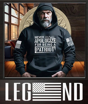 American Patriot Man wearing a Patriot Gear USA Apparel Company hoodie with '"Never Apologize for being a Patriot' text in front of an American flag and the American Outfitters logo.