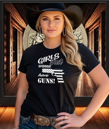 American Patriot Woman wearing a Patriot gear USA Apparel COmpany black T-shirt with text "Girls just wat have have guns" shirt.