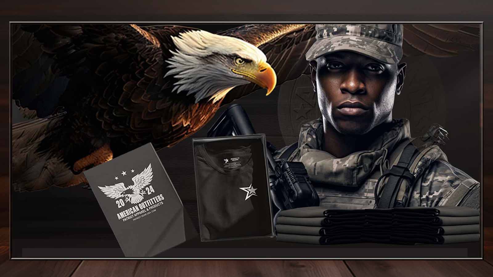 Patriot Gear USA soldier in military gear and tactical equipment and a American Outfitters Patriot Gear USA  logo in the background  for advertisement of Patriots Point Blog Video Page. 