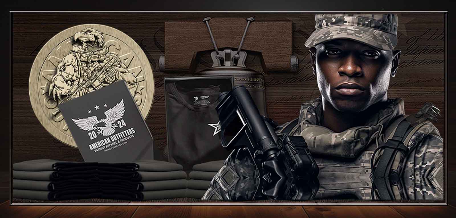 Patriot Gear USA soldier in military gear and tactical equipment and a American Outfitters Patriot Gear USA  logo in the background  for advertisement of Patriots Point Blog Video Page. 