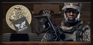 Patriot Gear USA soldier in military gear and tactical equipment and a American Outfitters Patriot Gear USA  logo in the background  for advertisement of Patriots Point Blog Video Page. 