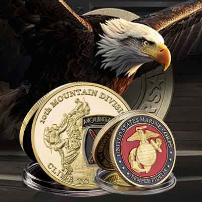 Three Patriot Gear USA Apparel COmpany U.S. Marine Corps coins with an eagle in the background