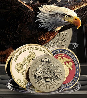 Patriot Gear USA Challenge Coins display of Military and First Responder Coins in front of an American Eagle and American Flag background with the American Outfitters Patriot Apparel Company Logo.
