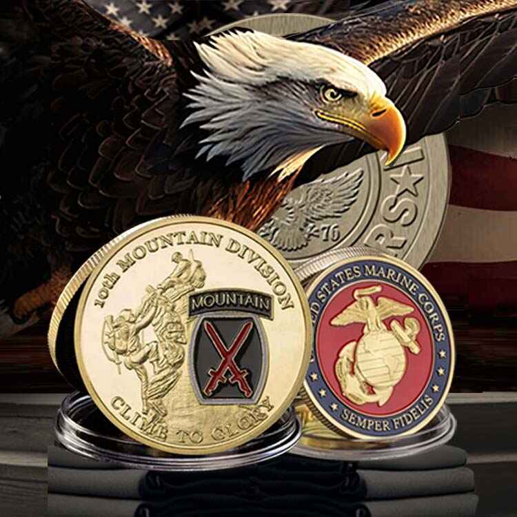 Patriot Gear USA Challenge Coins display of Military and First Responder Coins in front of an American Eagle and American Flag background with the American Outfitters Patriot Apparel Company Logo.