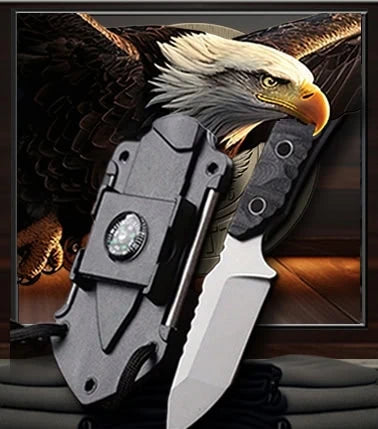 The logo of Patriot Gear USA Apparel Company is prominently featured nehinde a multitool folding knife blade, elegantly set against a backdrop of American Outfitters Patriot Apparel COmpany apparel shirts on a refined wooden surface.