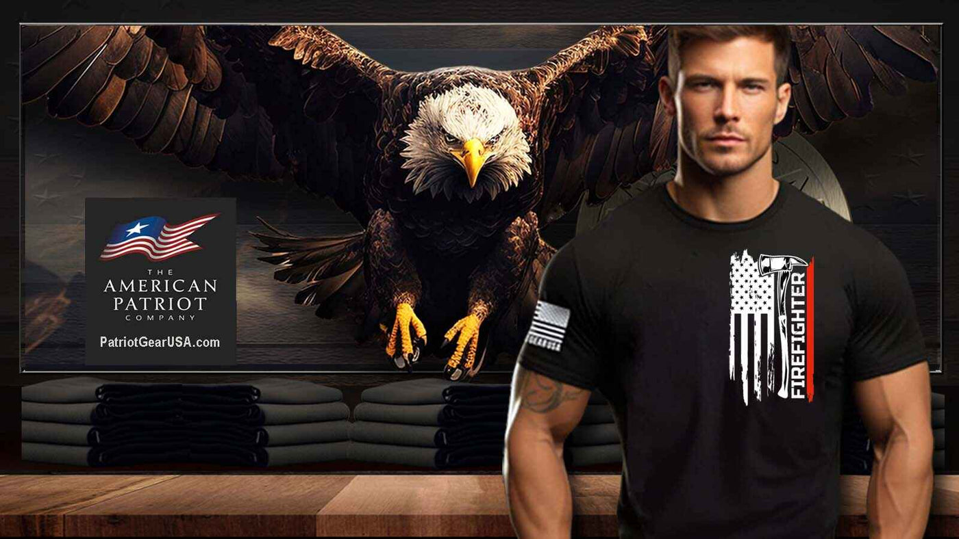 Patriot Gear USA Apparel Company Logo showcased in background of an American Patriot proudly wearing a shirt emblazoned with the text "FIREFIGHTER" emphasizing the spirit of American patriotism and appreciation for our First Responders.