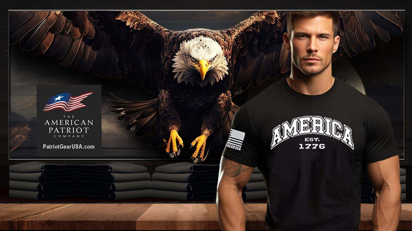 Patriot Gear USA Apparel Company Logo showcased in background of an American Patriot proudly wearing a shirt emblazoned with the text "America Land of the Free"" emphasizing the spirit of American patriotism and pride.