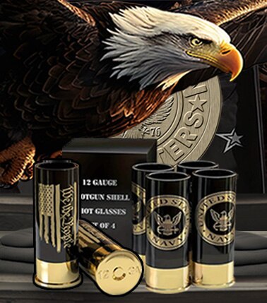 Set of Patriot Gear USA shotgun shells shot glasses with American flag design in front of an eagle and American flag background with American Outfitters logo.
