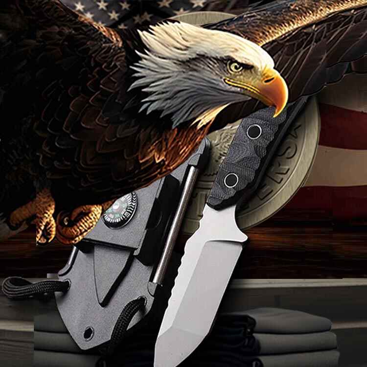Patriot Gear USA Multitool with knife blade on a American Flag background with the American Outfitters Apparel Company logo.
