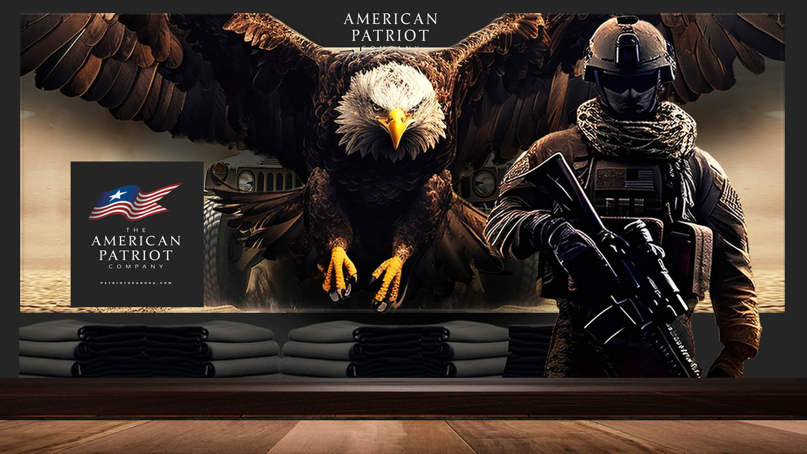Patriot Gear USA Apparel Company advertisment for ouytdoor gear with a soldier with rifle in front of military vehicle and 'American Patriot Company Logo' sign.