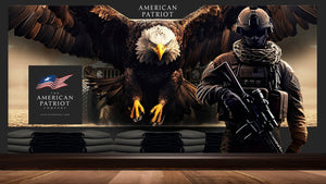Patriot Gear USA Apparel Company advertisment for ouytdoor gear with a soldier with rifle in front of military vehicle and 'American Patriot Company Logo' sign.
