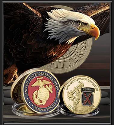Patriot Gear USA Company display of 'The Eagles Nest Challenge Millitary and Forst Respnder Challenge Coins' with a Patriotic Soldier wearing tactical gear and a Patriot Gear USA coin on a wooden stand.