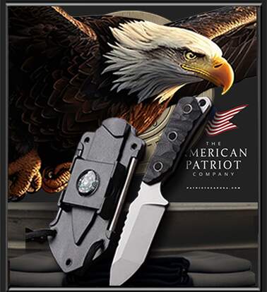The logo of Patriot Gear USA Apparel Company is prominently featured nehinde a multitool folding knife blade, elegantly set against a backdrop of American Outfitters Patriot Apparel COmpany apparel shirts on a refined wooden surface.